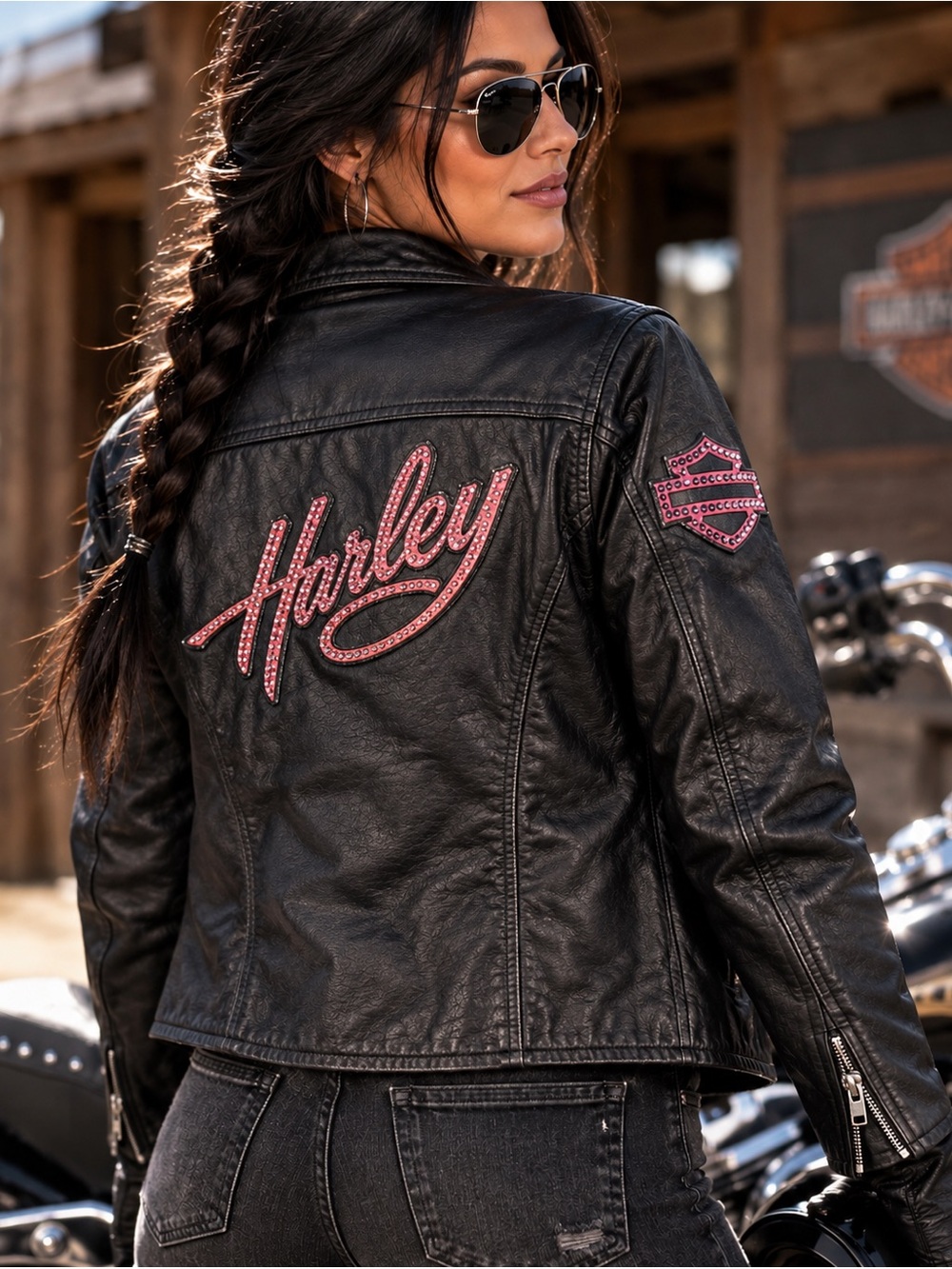 Harley Davidson leather jacket with pink rhinestone accents